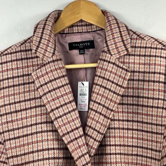 TALBOTS Plus Women's Pink Plaid Wool Houndstooth Blazer Size 14W Shetland NWT - Picture 3 of 16